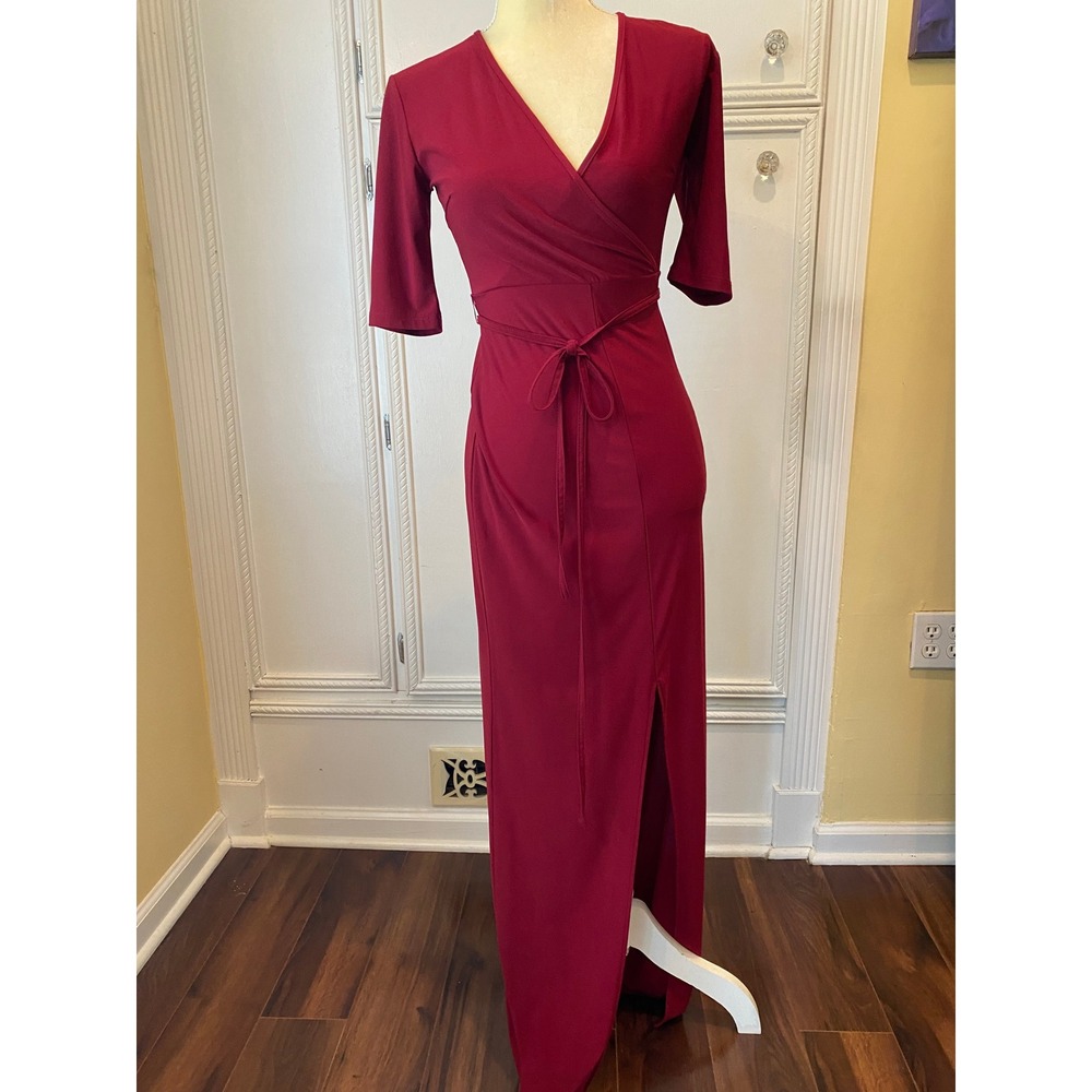 Alloy Apparel Burgundy Wrap Maxi Dress Short Sleeve Side Slit MB13X011 Med